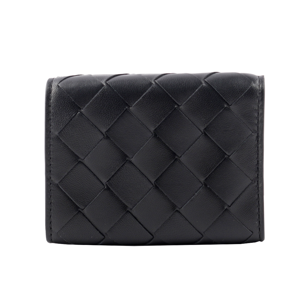 BOTTEGA VENETA 經典小羊皮及小牛皮編織迷你雙釦三折短夾/黑色, , large