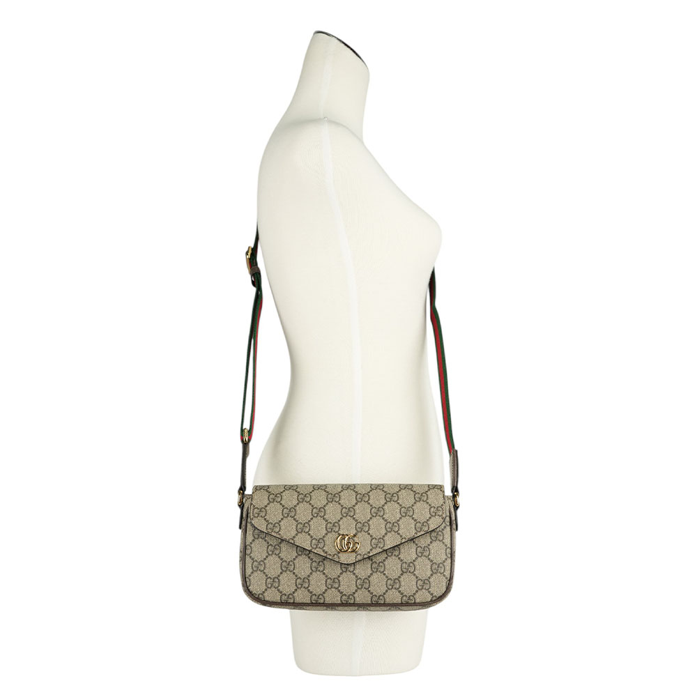 GUCCI Ophidia 塗層帆布及綠紅織帶信封式迷你斜背包/米色/烏木色, , large
