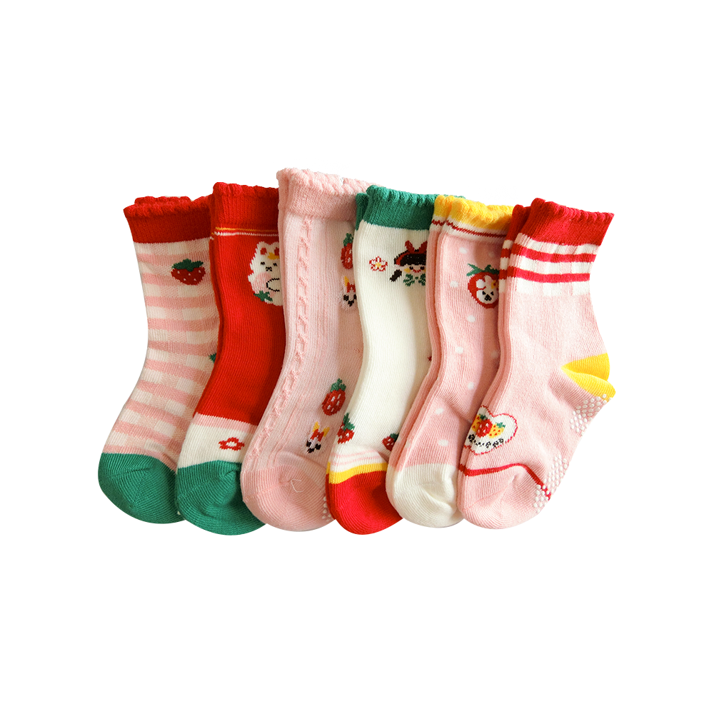 [Kaimei Cotton] MIT Made in Taiwan Pure Cotton Anti-Slip Children's Socks Sweet Strawberry Garden Style 9-13cm-8 Pairs, , large