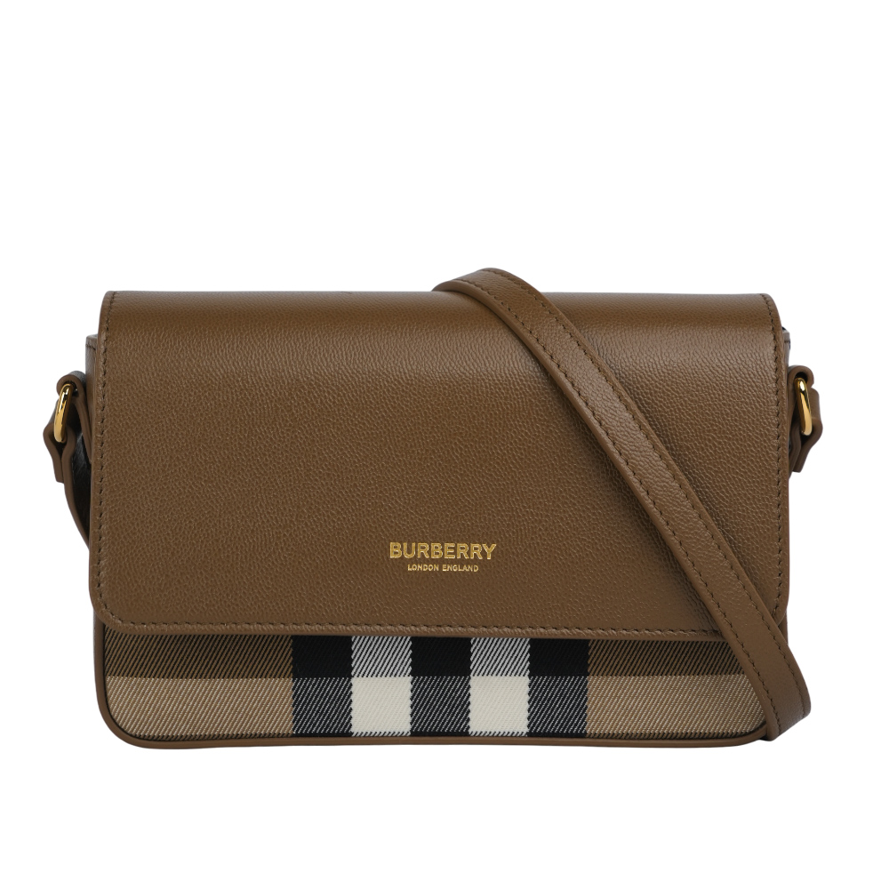 BURBERRY Hampshire 新款格紋帆布拼皮革手拿包/斜背包/土棕色