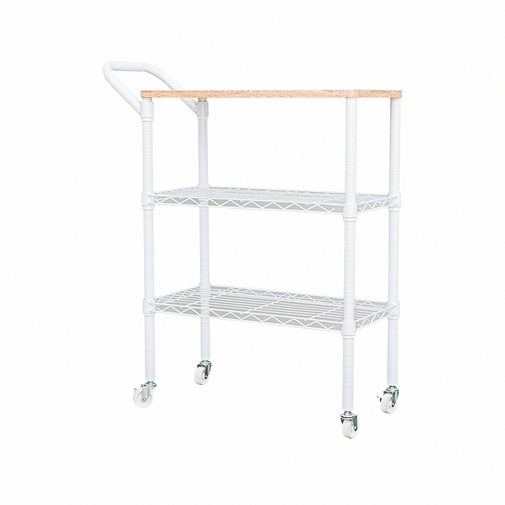 【Y HOUSE】60x30x90cm (including handle + wheel height) wooden top three-layer trolley storage trolley- white, , large