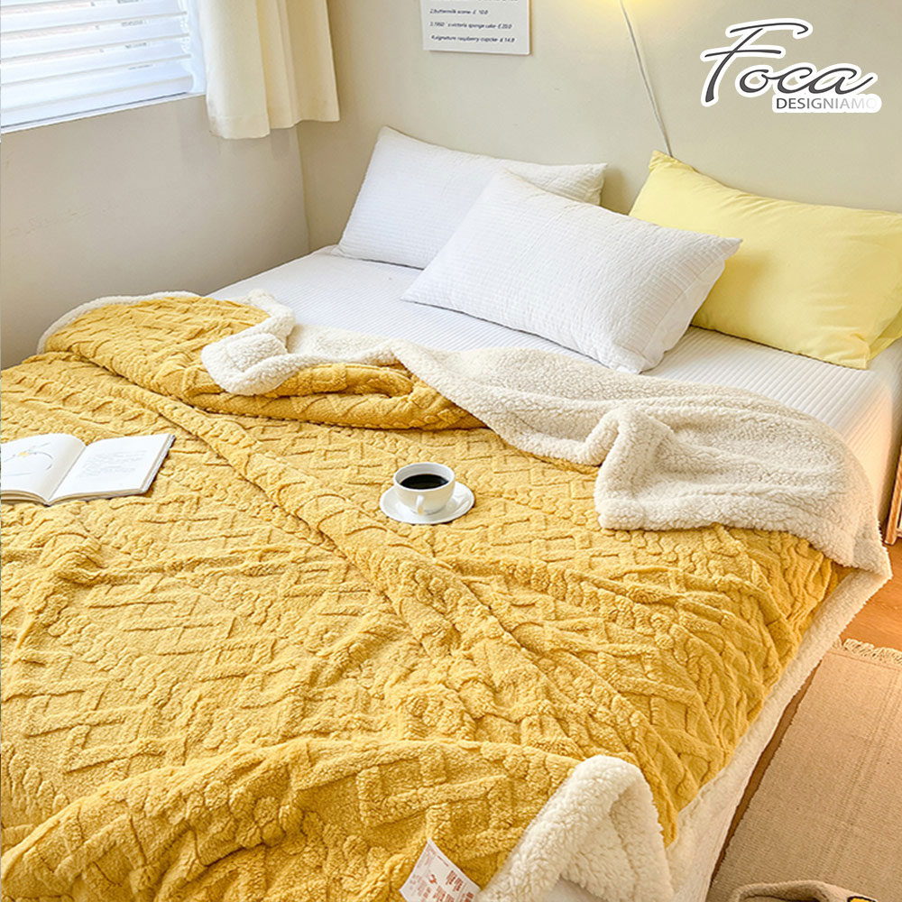 [LY SHIN BEDDING] FOCA Fragrant orange yellow | Three-dimensional woven jacquard warm wool sherpa double-sided blanket (150X200cm), , large