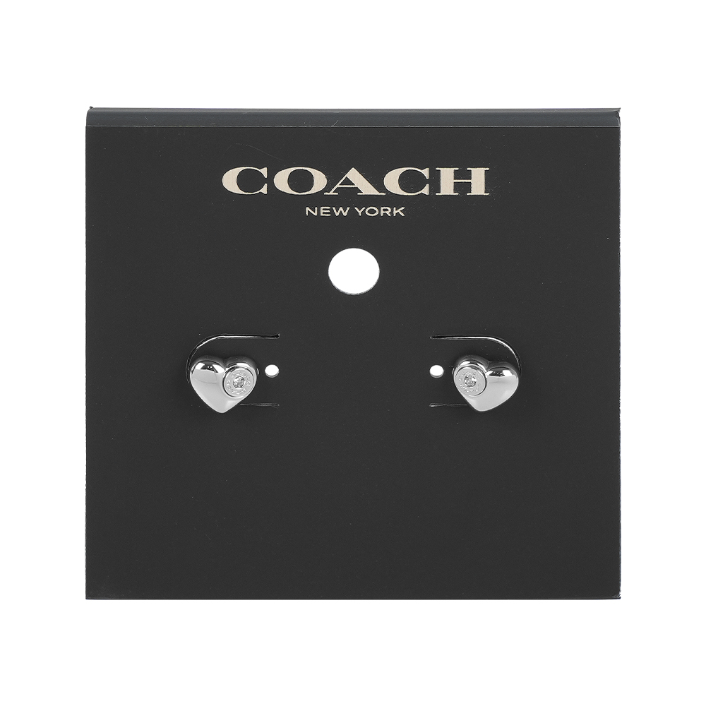 COACH 圓形水鑽Logo 愛心造型針式耳環(銀色), , large