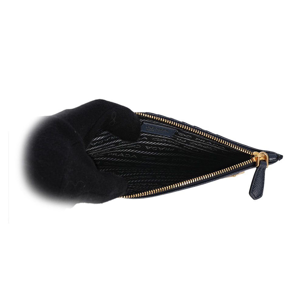 PRADA 金色三角牌Logo 防刮皮革拉鍊手拿包/收納袋/波羅的海藍, , large