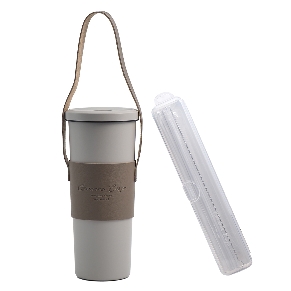 GREEN CUP芊杯內外316不鏽鋼真空吸管杯-800ml-大象淺灰-贈送皮革杯套+吸管組-1組, , large