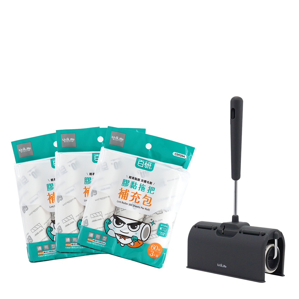 掀蓋式短柄膠黏拖把-60周-1支+百研/通用型膠黏補充包/60周-3入×3包-1組, , large