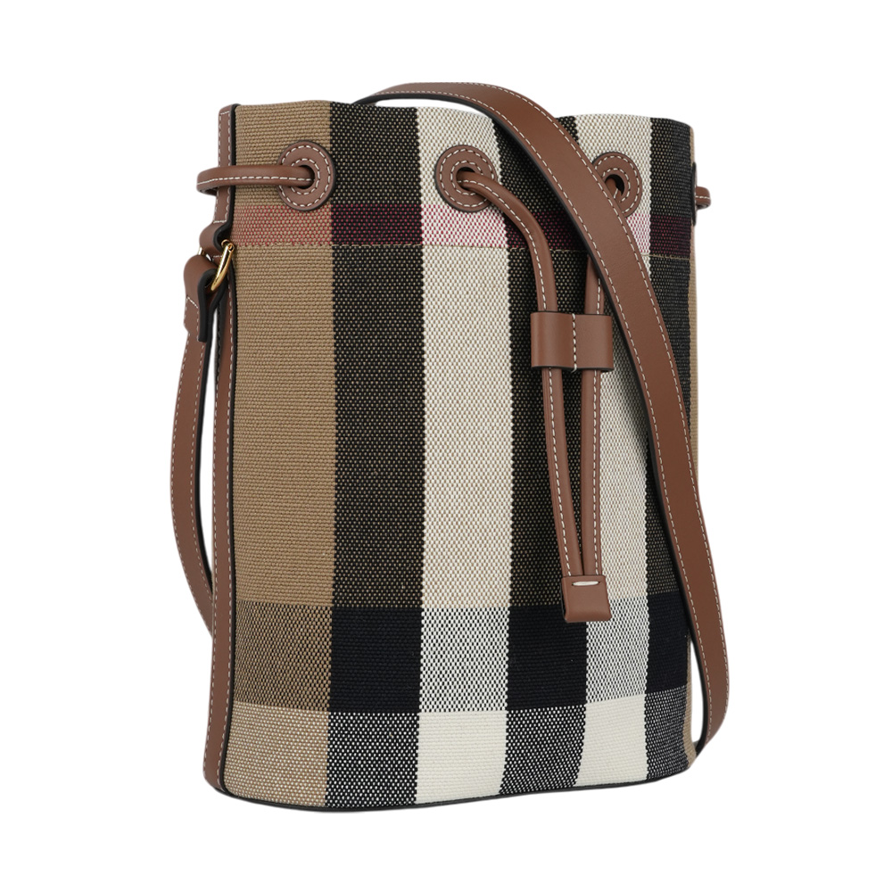 BURBERRY 格紋棉質帆布及牛皮小款束口水桶包/灰褐色/棕色, , large
