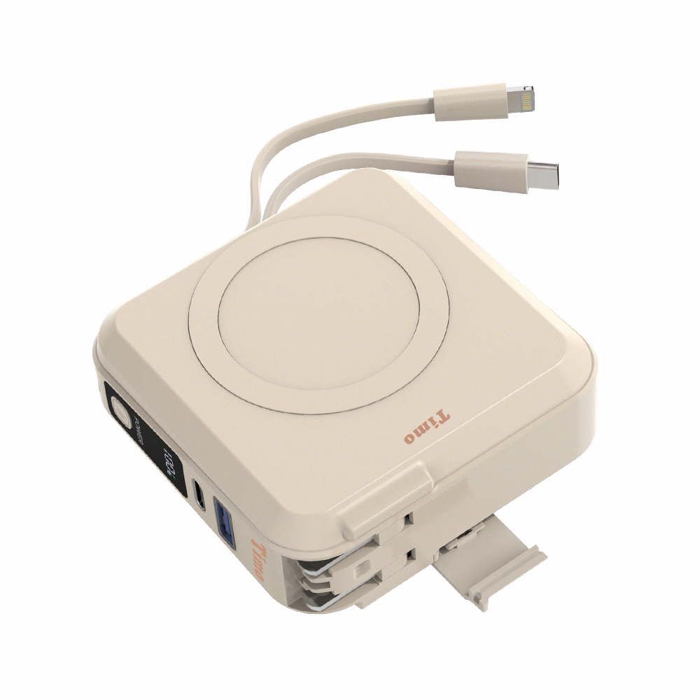 【Timo】五合一自帶線磁吸行動電源 10000mAh - PD/QC快充｜無線充電｜萬用充 | Wh標示 - 奶茶杏, , large