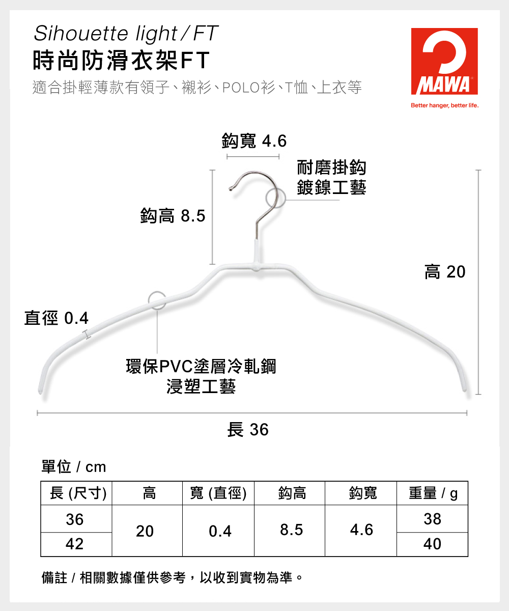 【德國MAWA】德國原裝進口 時尚無痕止滑衣架42cm (晨露粉/40入), , large