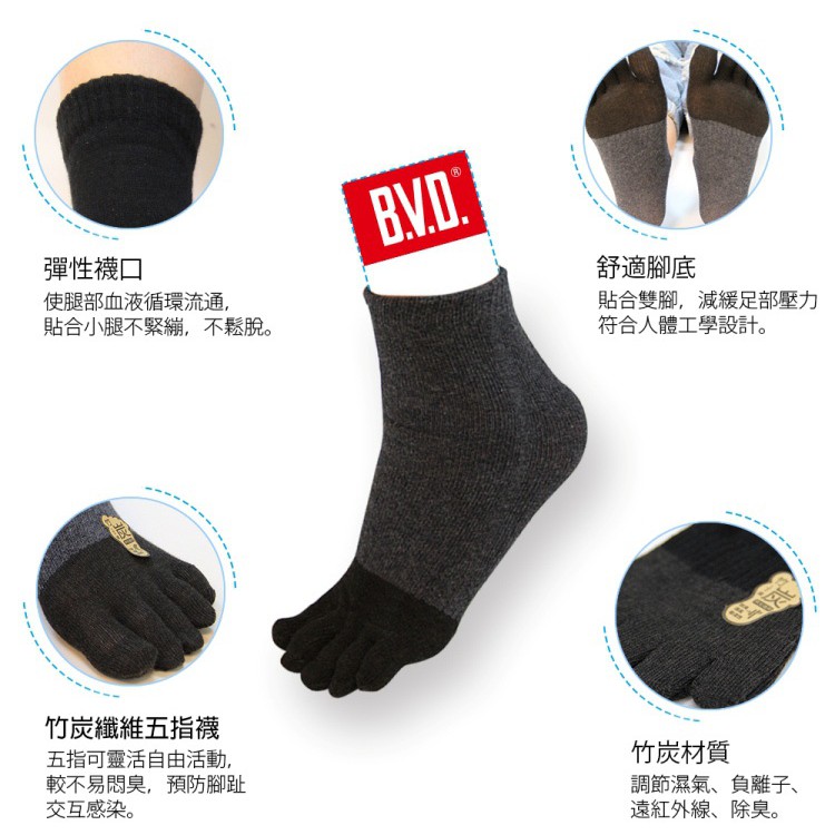 【BVD】男女適用1/2竹炭五趾襪<黑,22-26cm>B345 短襪 乾爽 抑菌除臭, , large