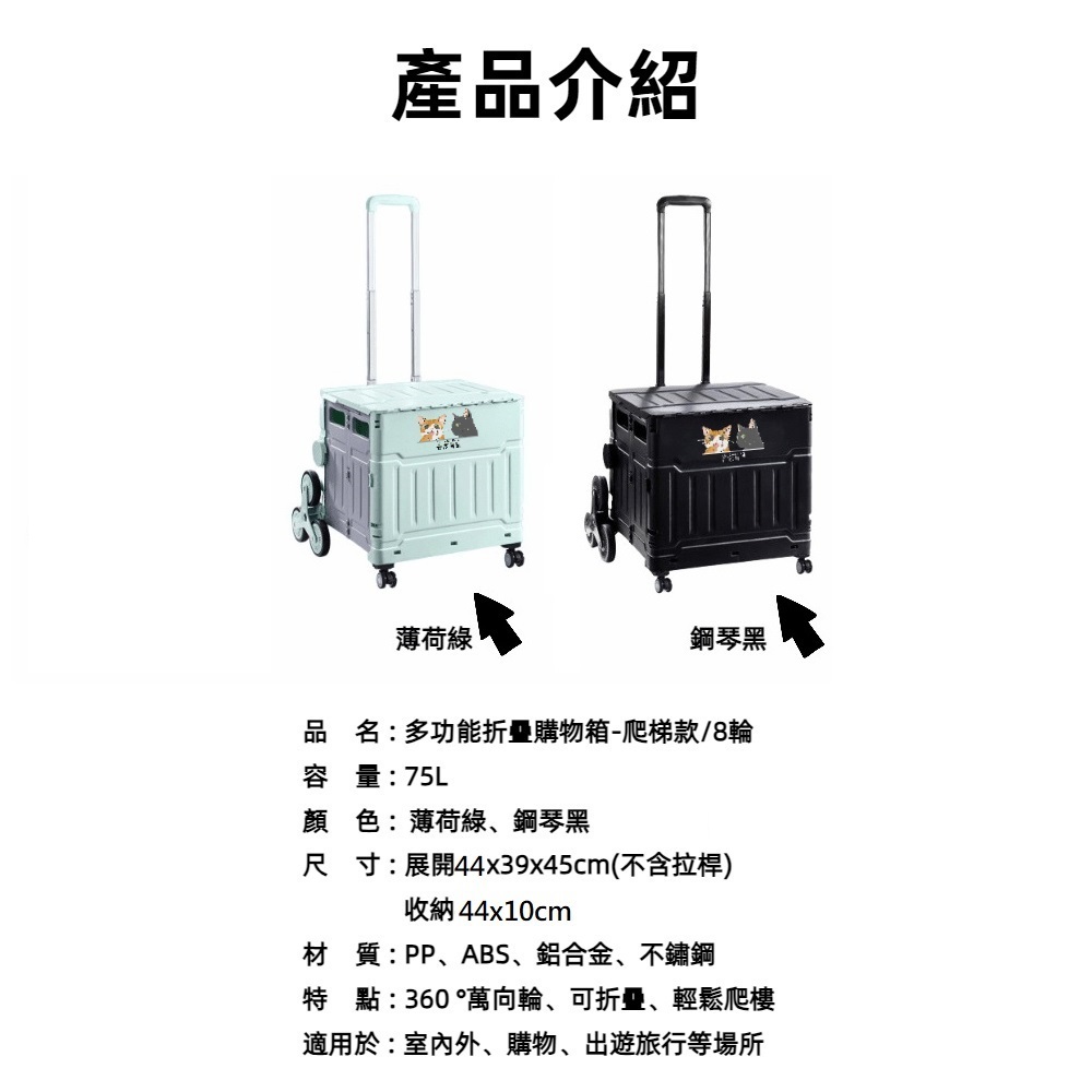 【A&R】升級版吾家有貓八輪爬坡折疊購物車 75L  薄荷綠, , large