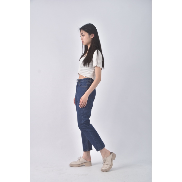 (S) meier q高腰丹寧牛仔質感棉質純棉藍色長褲二手衣, , large