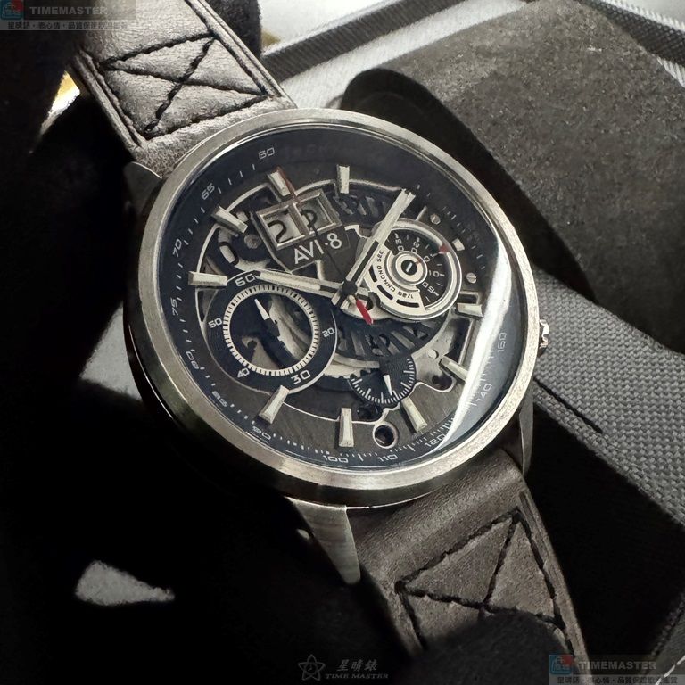[星晴錶業]新品牌手錶,46mm,AV52664寶藍色機械鏤空錶面銀錶殼深灰真皮皮革錶帶款, , large