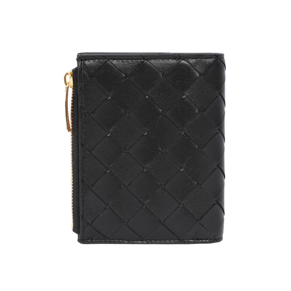 BOTTEGA VENETA 小羊皮及小牛皮編織暗釦式二折短夾/黑色, , large