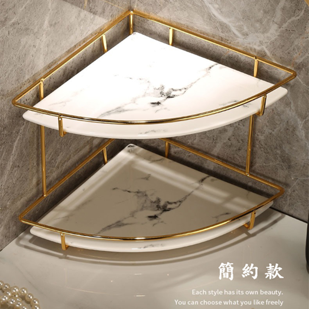 【SV6066】雙層北歐輕奢風 浴室檯面轉角 三角置物架 大理石紋化妝品層架角落架 洗漱台 臥室 桌面整理架, , large