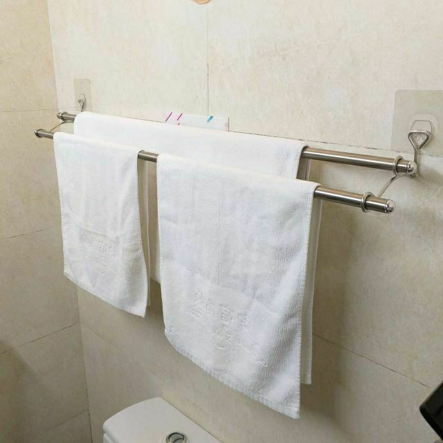 [熊好貼國際]雙桿毛巾架 浴巾架90cm不銹鋼 凹凸紋路牆面可貼(超黏貼) 平滑面（重覆貼）無痕掛鉤 耐重 舒適家, , large