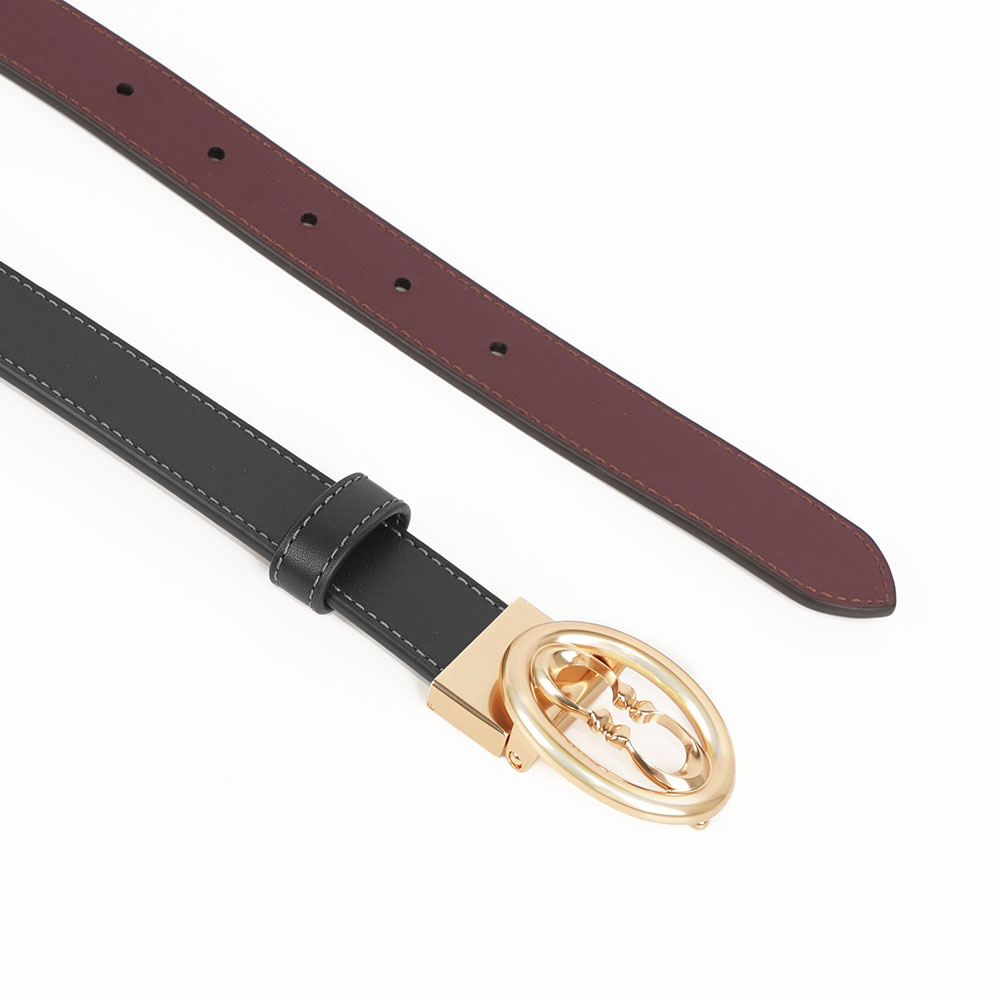 COACH 金釦橢圓CC Logo 牛皮寬2.5cm雙面可用皮帶(黑色/酒紅色), , large