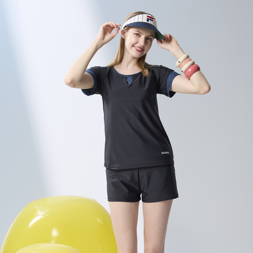 MONINA MIT short Sleeve Two Piece Swimsuit black Plus Size -3L, , large