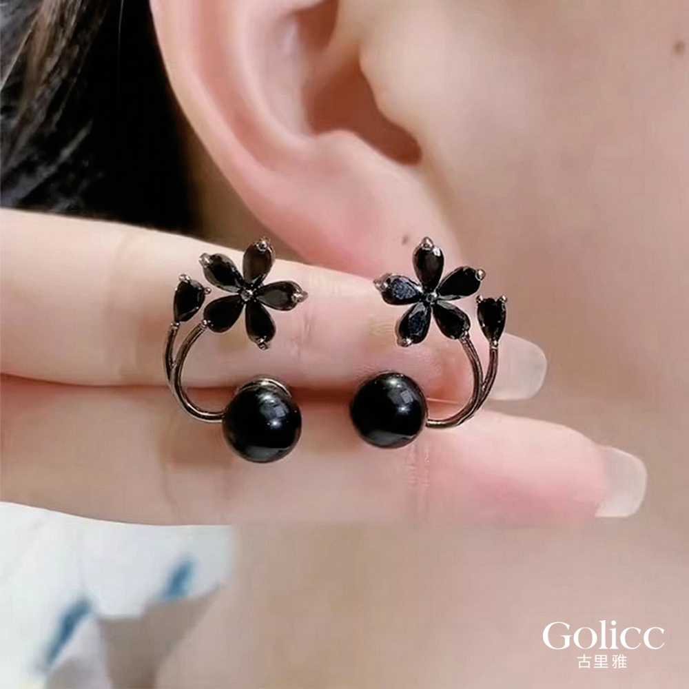 【Gulicc】古莉可 耳環 黑色花朵珍珠耳釘, , large