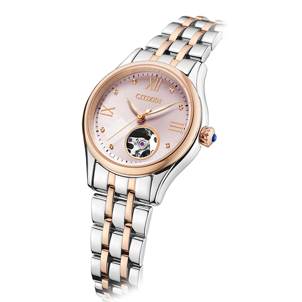 CITIZEN 星辰 小鏤空優雅機械女錶-銀x玫瑰金/28.5mm PR1044-87X, , large