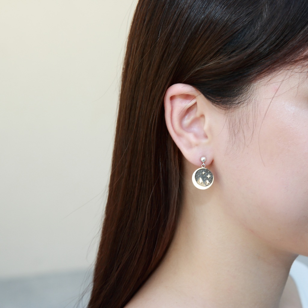 【Angel & Me】山 星星 月亮 s925 純銀 耳環 (可改夾式) 生日 情人節 禮物, , large