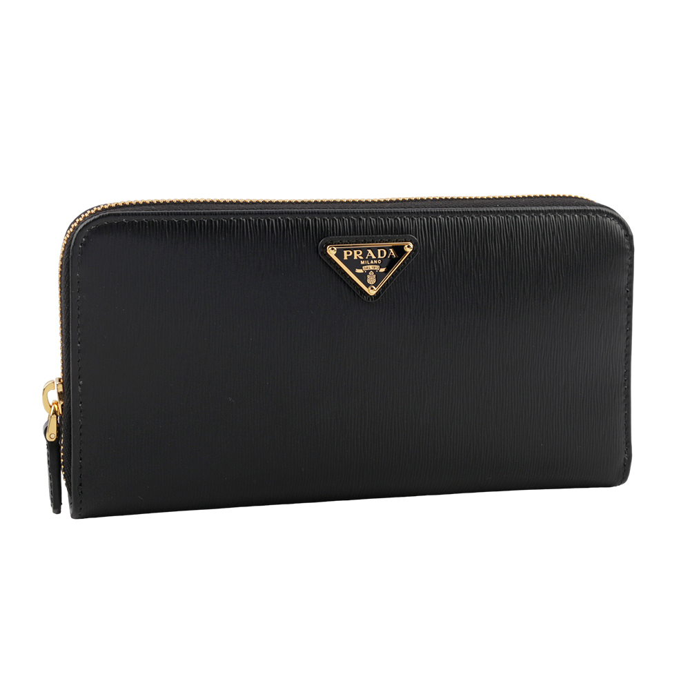 PRADA 三角牌Logo水波紋皮革ㄇ型拉鏈長夾/黑色, , large