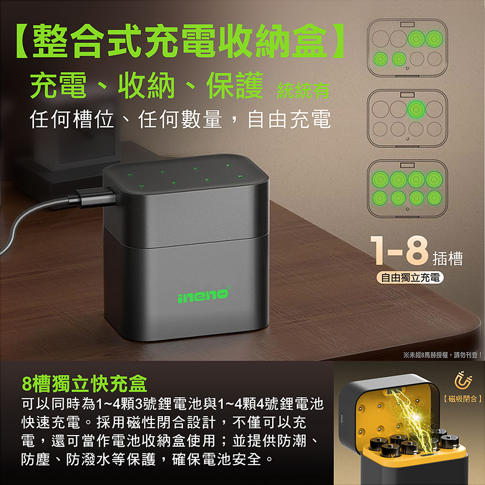 【ineno】3號/AA 4號/AAA 1.5V鋰電池 3700mWh 1300mWh 各8入+(3號/4號各4槽)AI隨身收納盒充電器, , large