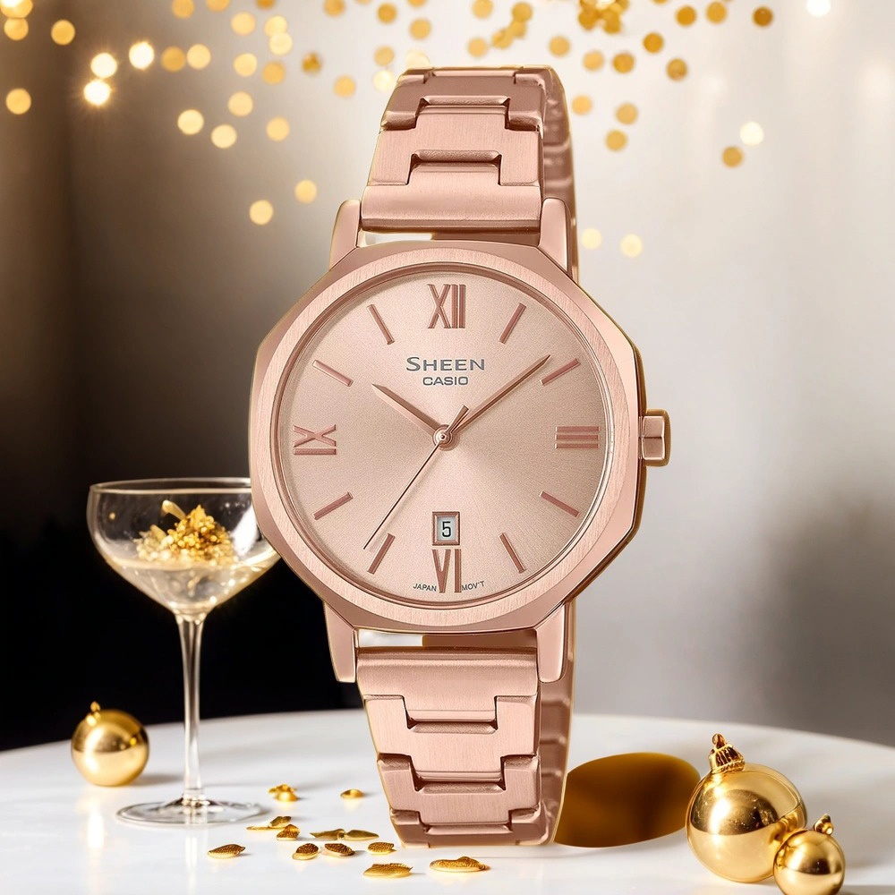 CASIO 卡西歐 SHEEN 八角形鍊帶女錶 SHE-4554PG-4A, , large