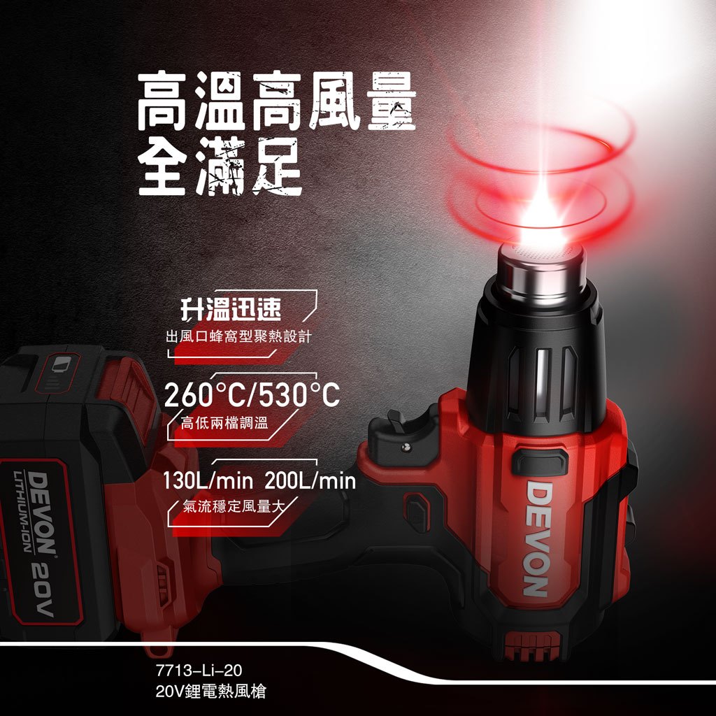 WIN五金 DEVON 大有 7713-Li-20 20V 鋰電熱風槍 兩檔調溫 260度、530度 水電烤管 汽車貼模, , large