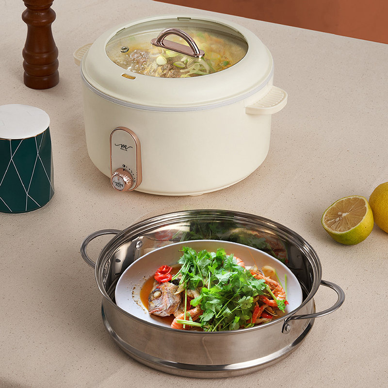 【MOLIJIA】3L-M25 Multifunctional Non-stick Electric Hot Pot + M2209 Stainless Steel Steamer - Rose White, , large