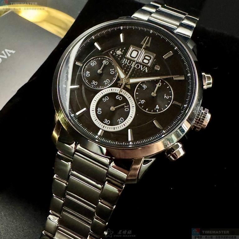 [星晴錶業]BULOVA手錶,44mm,BU00006黑色錶面銀錶殼銀色精鋼錶帶款