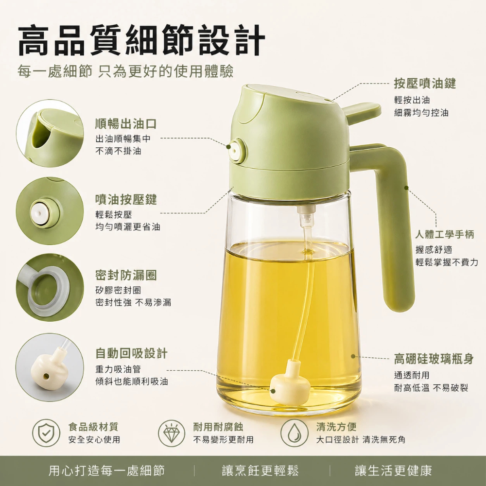 【A&R】雙控噴倒玻璃油壺 470ml 四色任選, , large