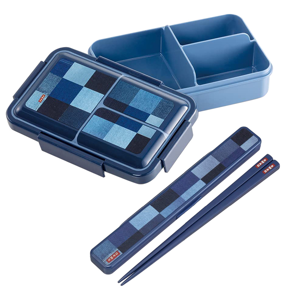 【百科良品】日本製元素 餐盒 辦公旅行通用 抗菌加工Ag+ 保鮮便當盒850ml+環保筷19.5cm-牛仔風