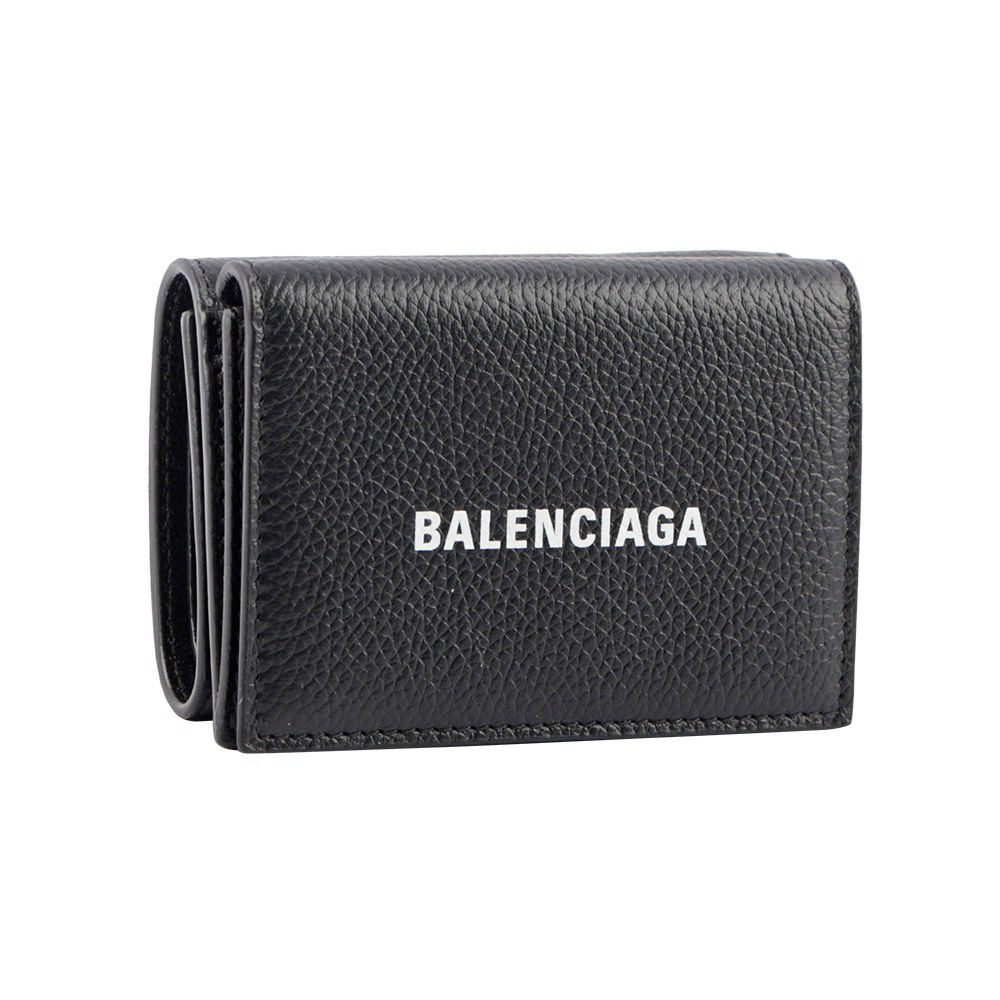 BALENCIAGA 經典LOGO 粒紋牛皮雙釦迷你三折短夾/黑色, , large