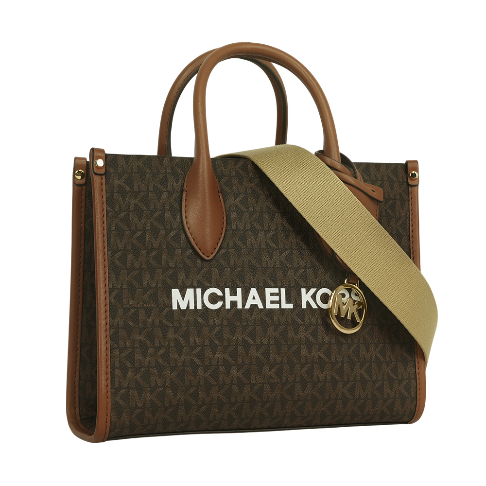 Michael Kors Mirella 滿版塗層帆布尼龍寬背帶小款二用托特包/棕色, , large
