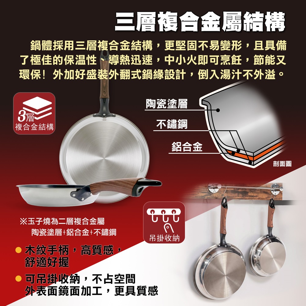 【日本北陸hokua】Mecera Zero陶瓷IH三層複合金不沾平底鍋26cm(含蓋), , large