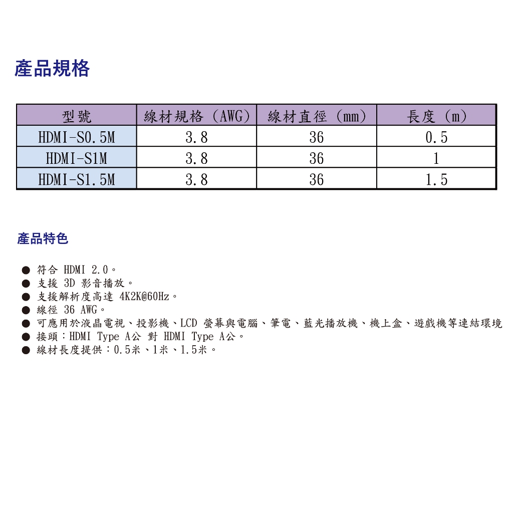 昌運監視器 HANWELL HDMI-S1.5M HDMI 標準細線 3D影音播放 解析度4K2K@60Hz, , large