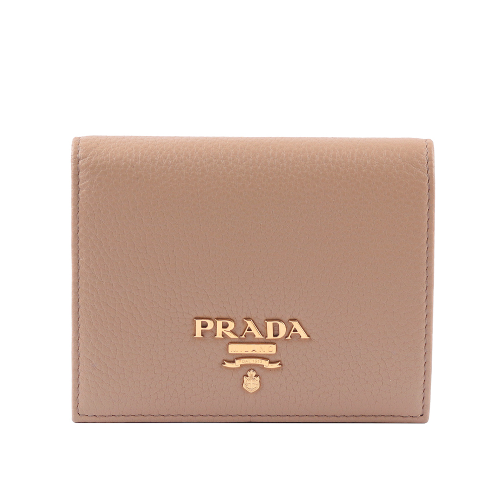 PRADA 浮雕Logo荔枝皮革二折短夾/裸粉色, , large