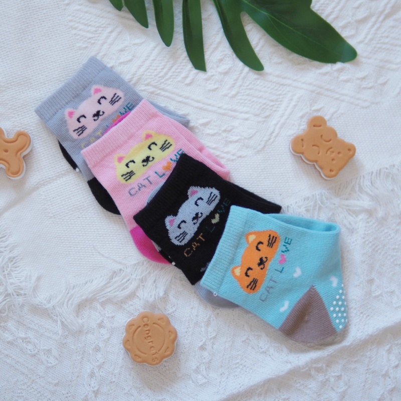 [Kaimei Cotton Industry] 10 pairs set, random and excellent, MIT made in Taiwan, pure cotton anti-slip children's socks, cute cat style, 13-16cm, , large