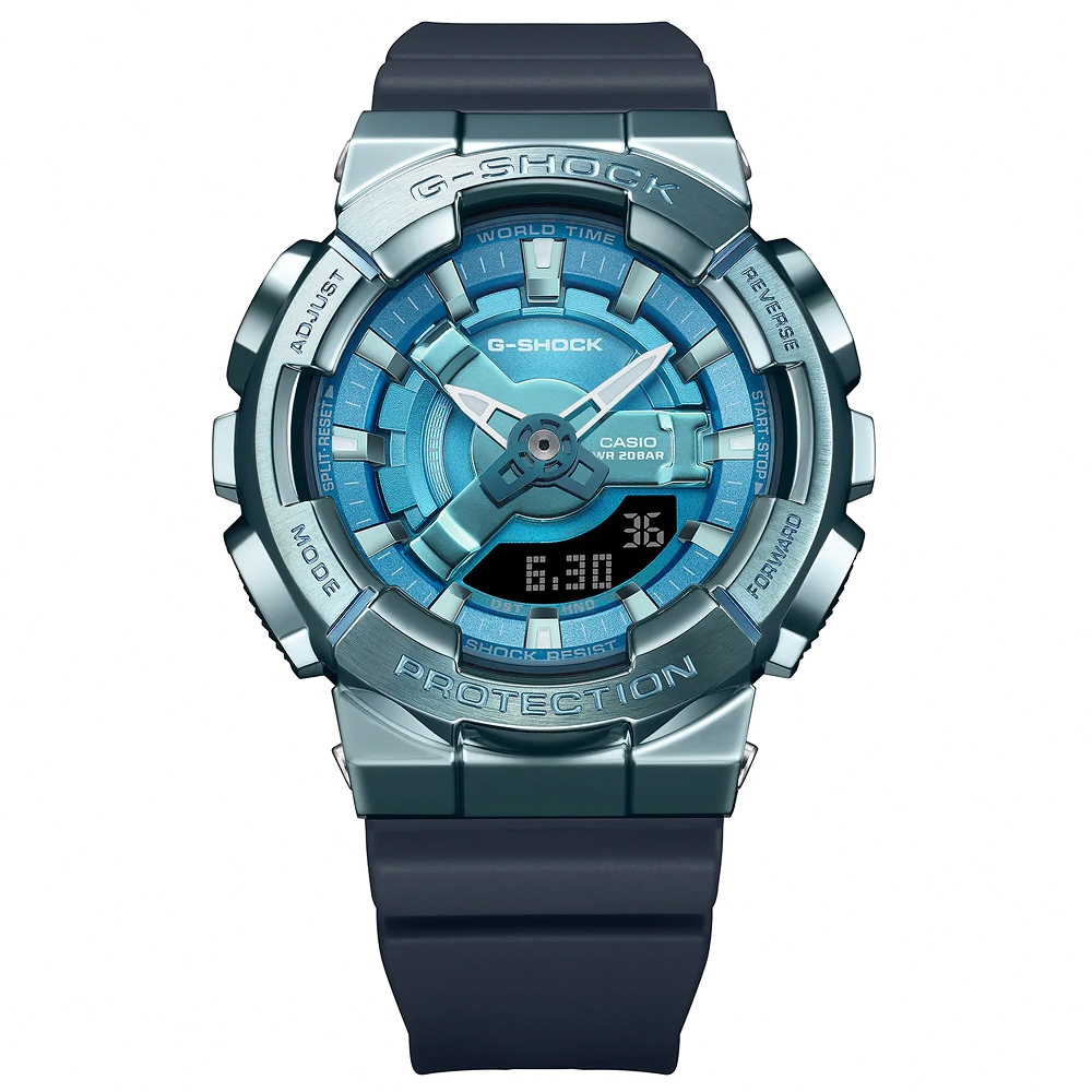 CASIO 卡西歐 G-SHOCK 金屬色雙顯電子錶-科技藍 GM-S110LB-2A, , large