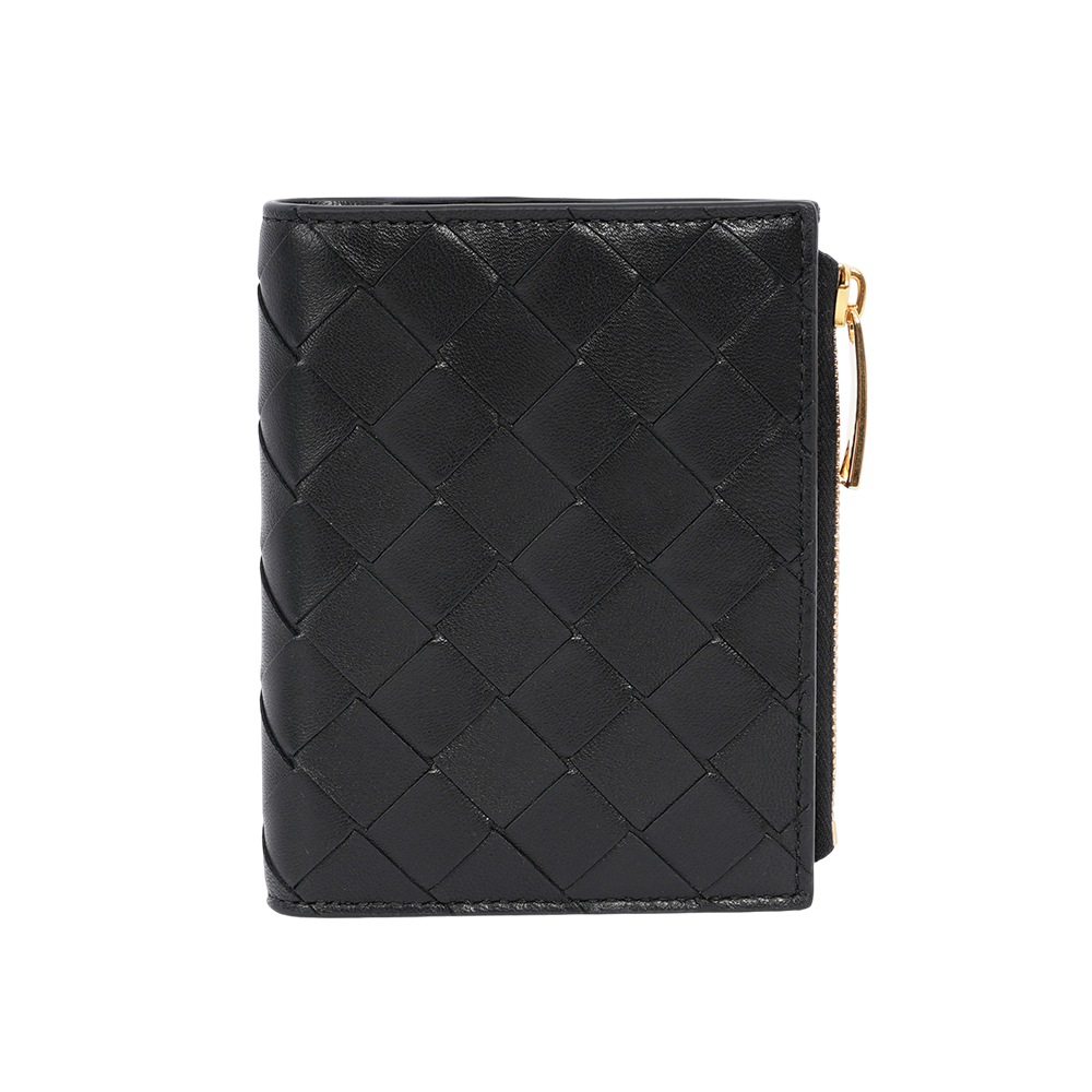 BOTTEGA VENETA 小羊皮及小牛皮編織暗釦式二折短夾/黑色, , large