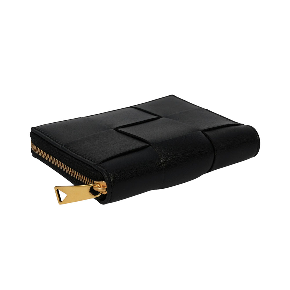 BOTTEGA VENETA 新款大格小羊皮及小牛皮編織拉鍊短夾/黑色, , large