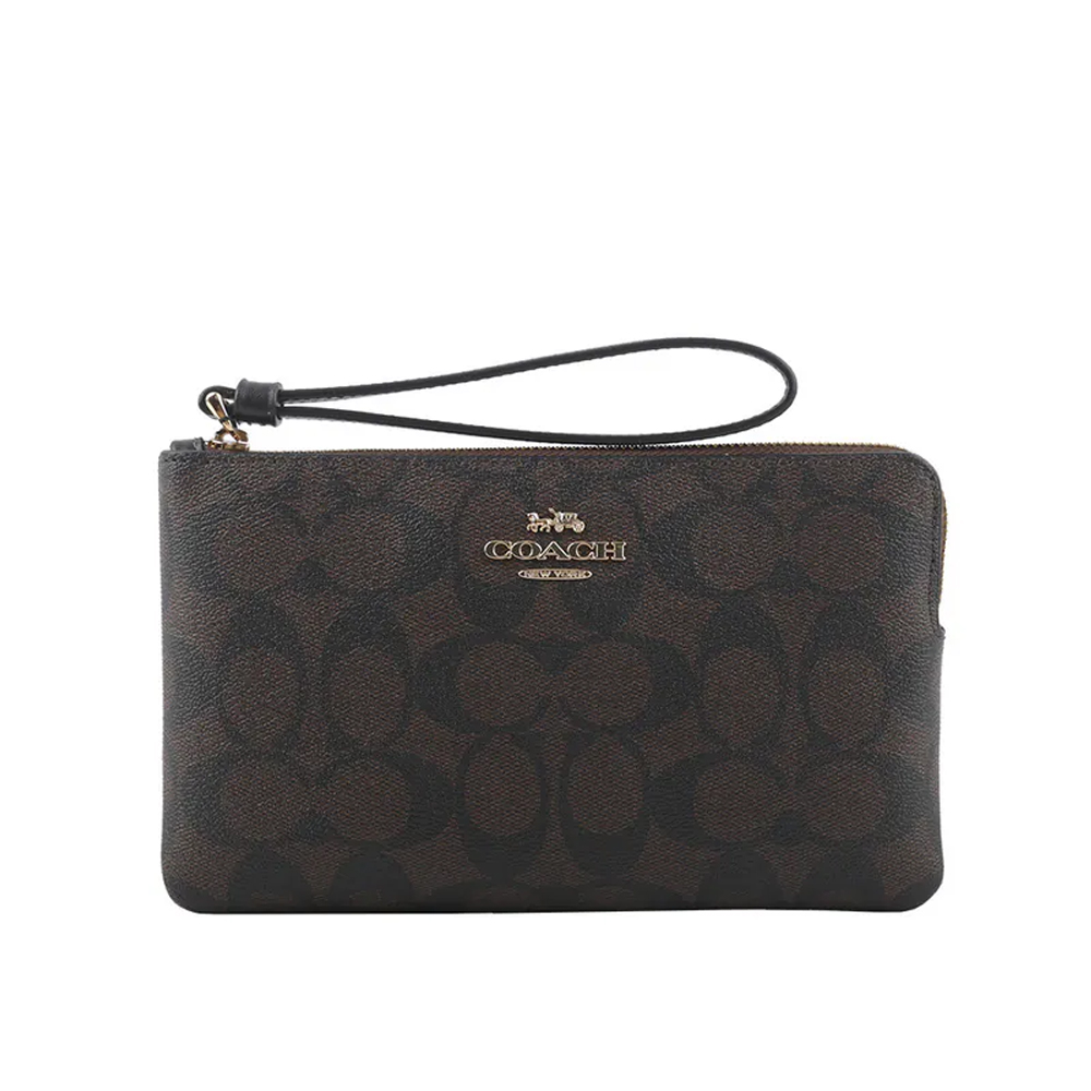 COACH CC Logo 塗層帆布大款手拿包/巧克力色, , large