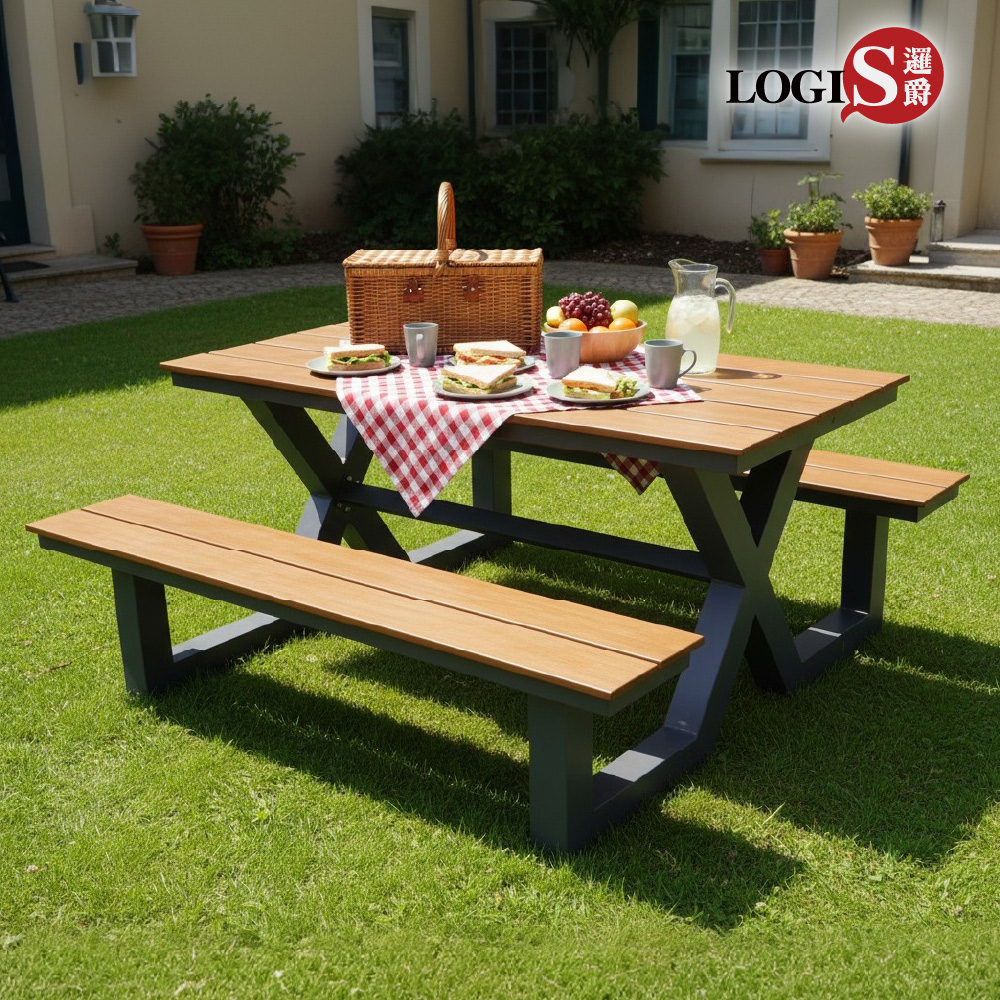 Wood grain composite wood & aluminum alloy patio tables and chairs