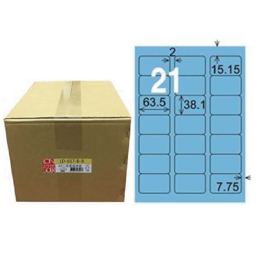【龍德】LONGDER 三用電腦標籤 A4 21格 圓角38.1*63.5mm淺藍1000張/箱 LD-817-B-B(適用雷射、噴墨、影印), , large