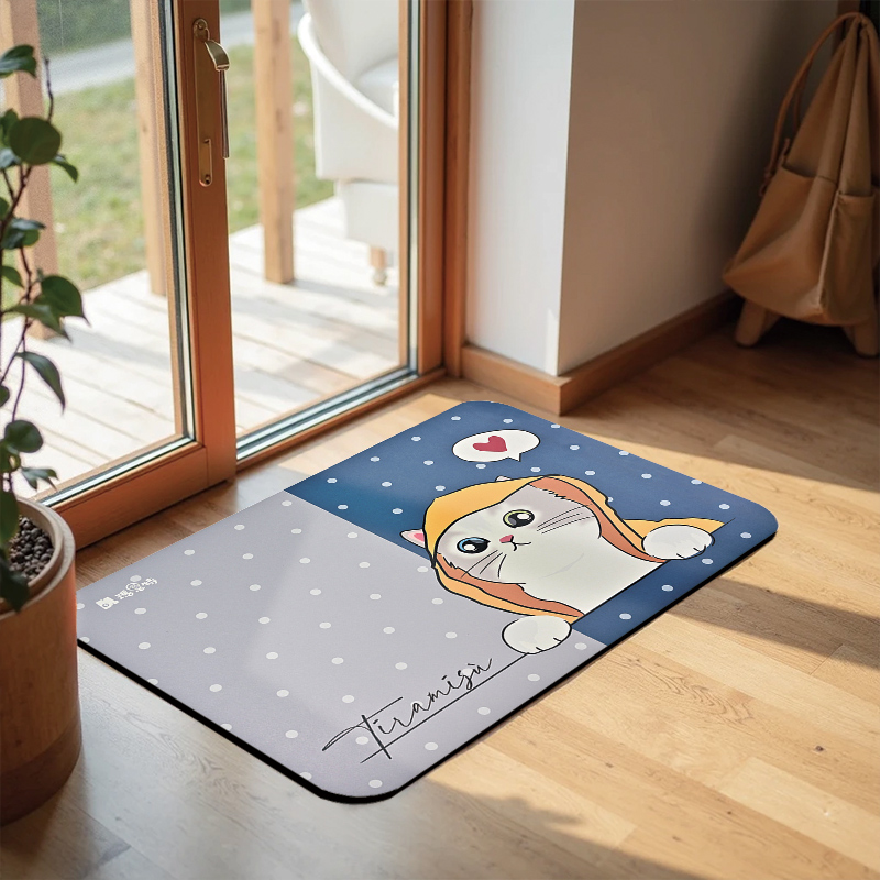 【怪獸】瑪思特 10秒頂吸 軟式珪藻土吸水地墊 貓咪系列 (60x40cm) -雨衣小貓, , large