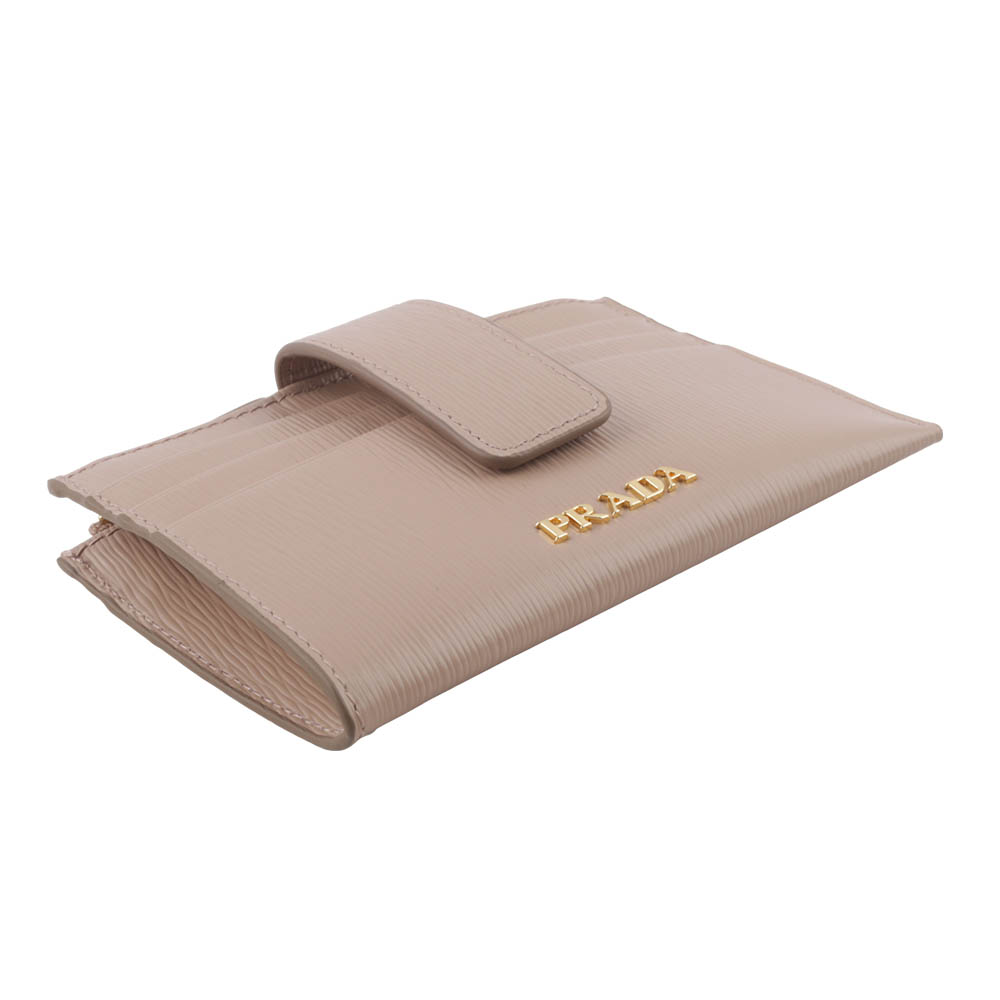 PRADA 金色Logo 水波紋釦式卡夾/拉鍊零錢包/藕粉色, , large