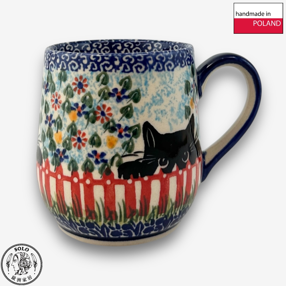 【SOLO Vintage】Cerraf Polish Pottery 320ml Mug Black Cat Garden Series Made in Poland, , large