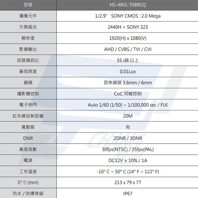 昌運監視器 昇銳 HS-4IN1-T089CQ 200萬 高規格多合一槍型紅外線攝影機 紅外線20M, , large