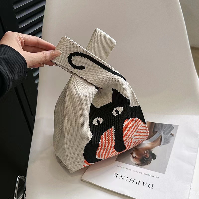 【YUN SELECT】韓系選品 針織手提包-黑貓嬉遊記 編織包 手提袋 手提背心包, , large